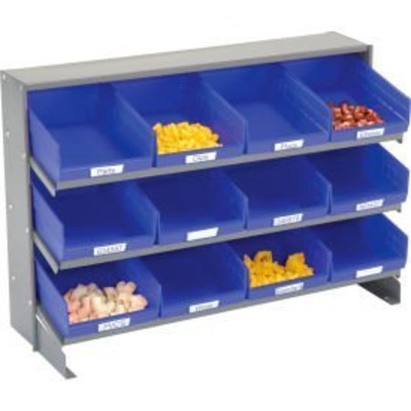 GLOBAL EQUIPMENT 3 Shelf Bench Pick Rack - 12 Blue Shelf Bins 8 Inch Wide 33x12x21 603423BL